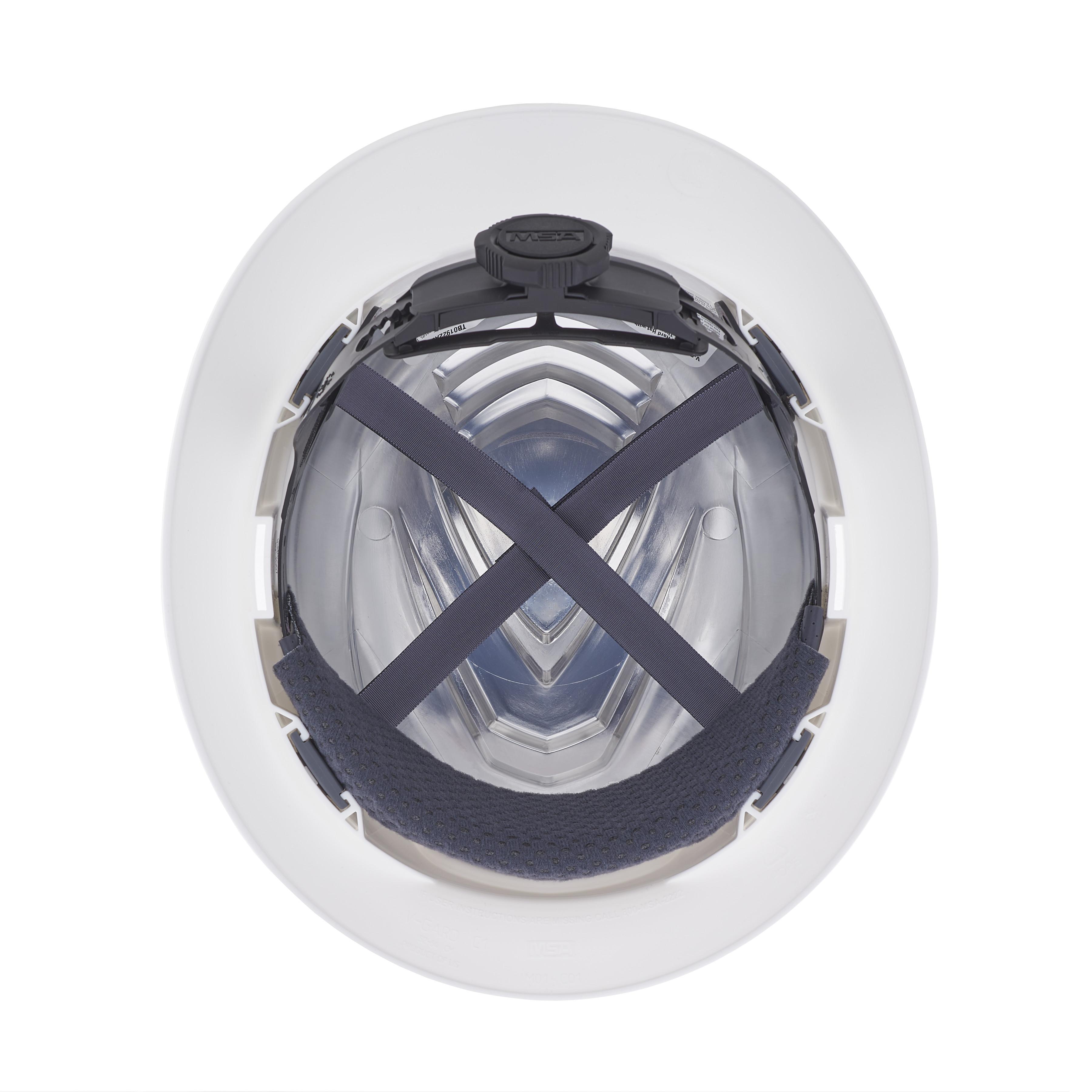 MSA 10215837 V-Gard Head Protection Hat, 6-1/2 Fits Mini Hat, 8 Fits Max Hat, HDPE, 4-Point Fas-Trac&reg; III Suspension, ANSI Electrical Class Rating: Class E, ANSI Impact Rating: ANSI Z89.1-2014 Type 1, Ratchet Adjustment