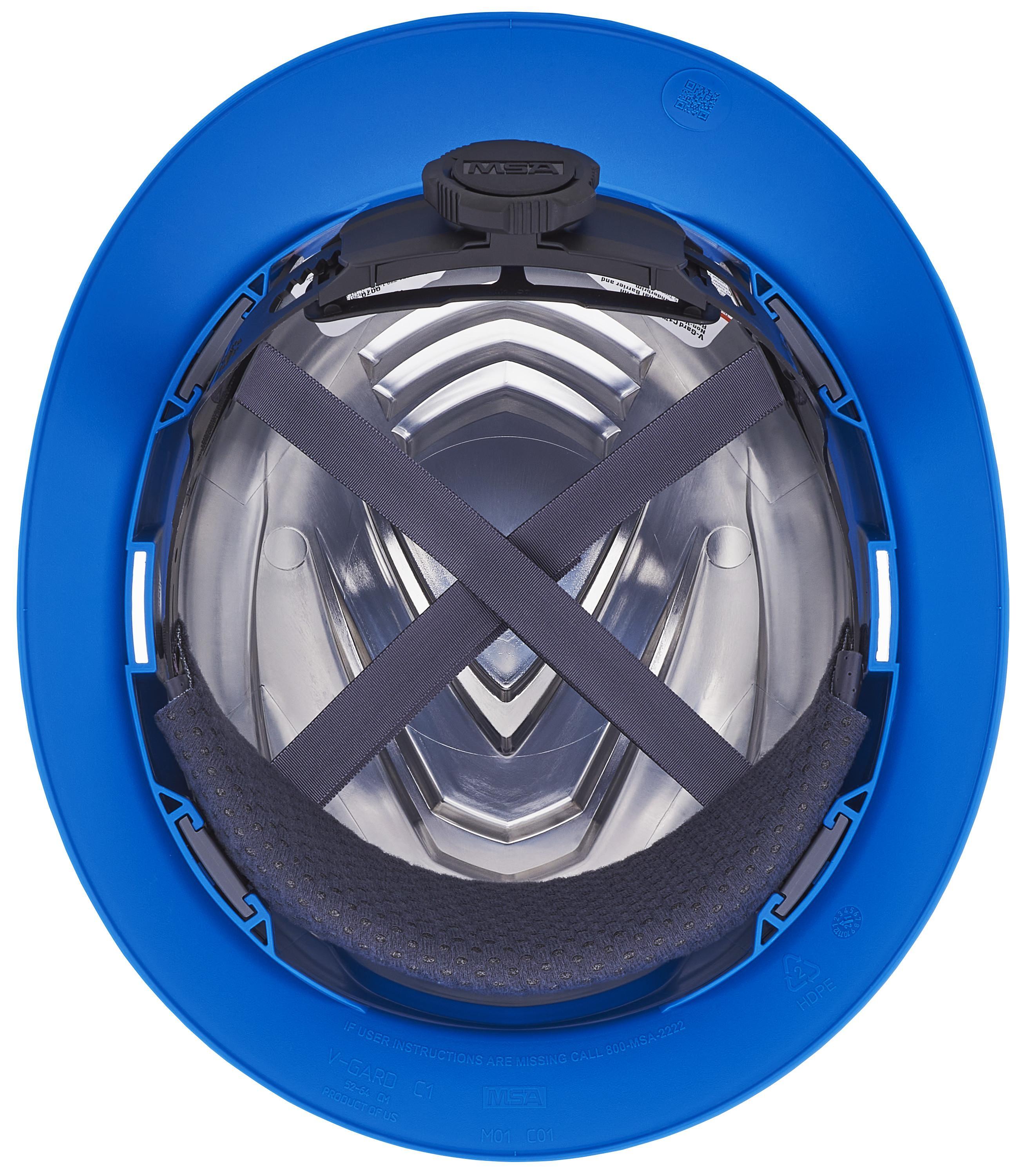 MSA 10215839 V-Gard Head Protection Hat, 6-1/2 Fits Mini Hat, 8 Fits Max Hat, HDPE, 4-Point Fas-Trac&reg; III Suspension, ANSI Electrical Class Rating: Class E, ANSI Impact Rating: ANSI Z89.1-2014 Type 1, Ratchet Adjustment