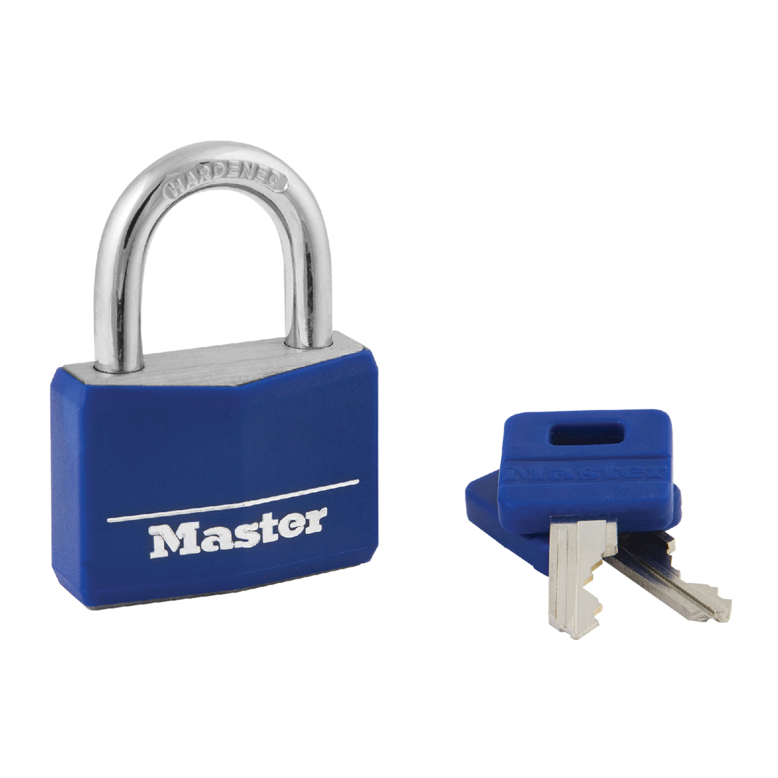 Master Lock&reg; 142DCM Safety Padlock, Different Key, Vinyl Body, 1/4 in Dia Shackle, Blue, 4-Pin Cylindrical/Dual Locking Lever Locking Mechanism