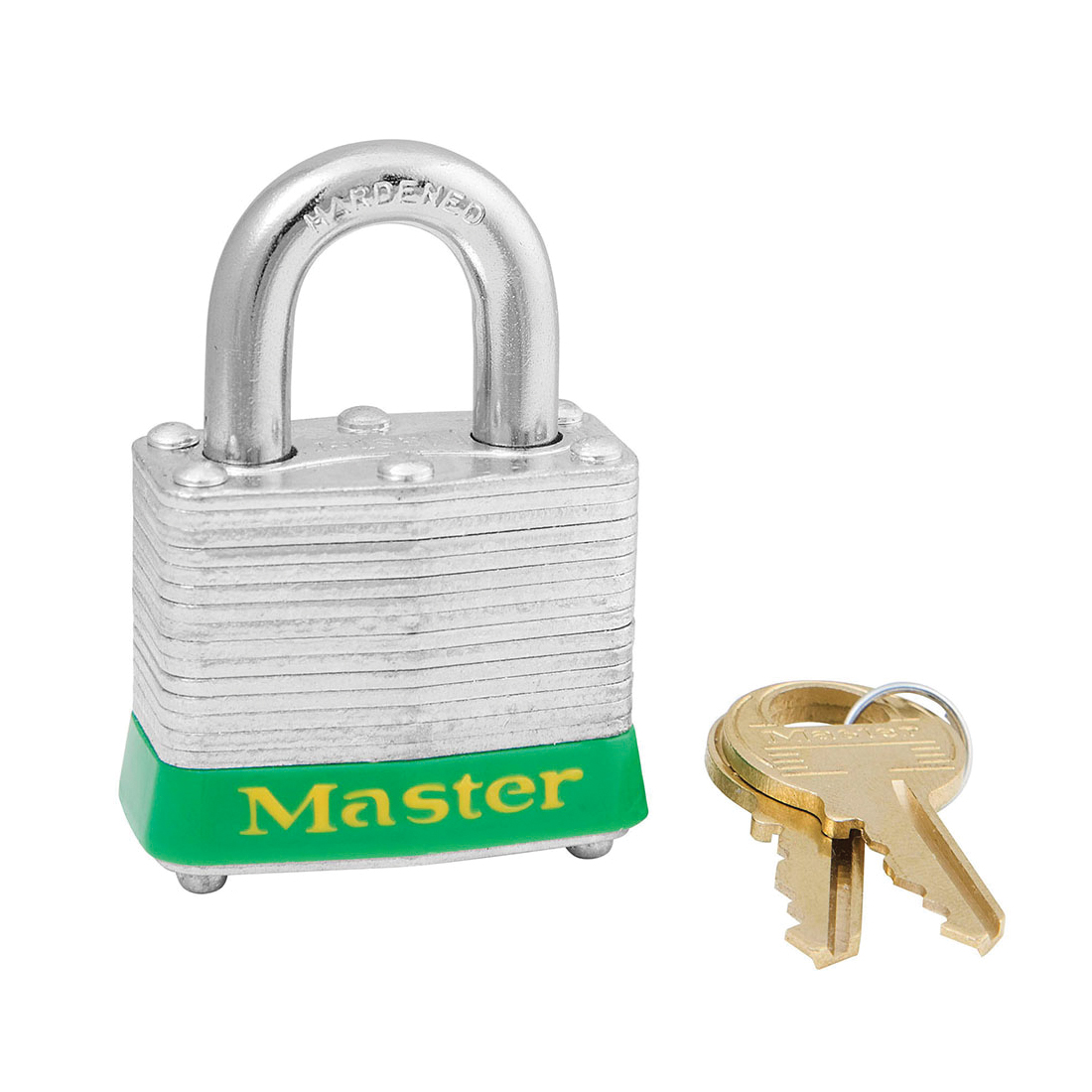 Master Lock&reg; 3KAGRN Safety Padlock, Alike Key, Green Bumper, Reinforced Laminated Steel Body, 9/32 in Dia x 3/4 in H x 5/8 in W Hardened Steel Shackle, Conductive Conductivity