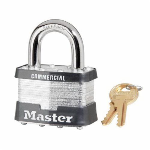 Master Lock&reg; 5MK Commercial Grade Non-Rekeyable Safety Padlock, Master Keyed Key, Laminated Steel Body, 3/8 in Dia Shackle, 4-Pin Tumbler Locking Mechanism
