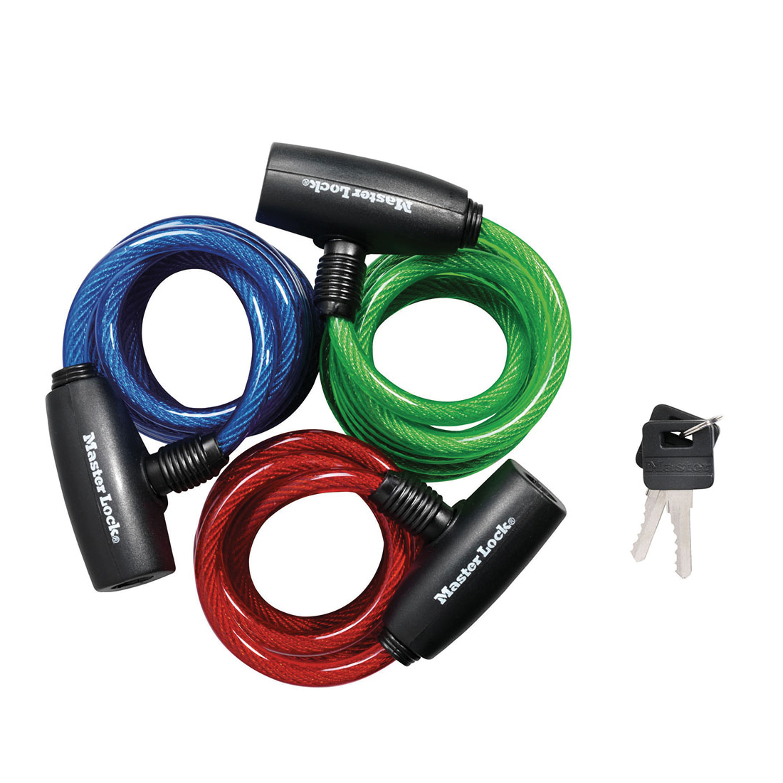 Master Lock&reg; 8127TRI Keyed Cable Lock, 5/16 in Dia x 6 ft L Braided Steel Cable, Blue/Green/Red, Braided Steel Body