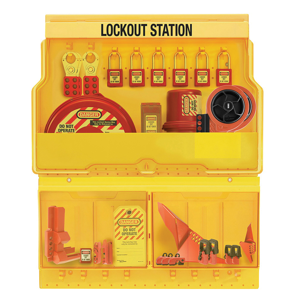 Master Lock&reg; 1457E410KABAS Basic Electrical Lockout Kit, Filled, 3 Padlocks, Language: English