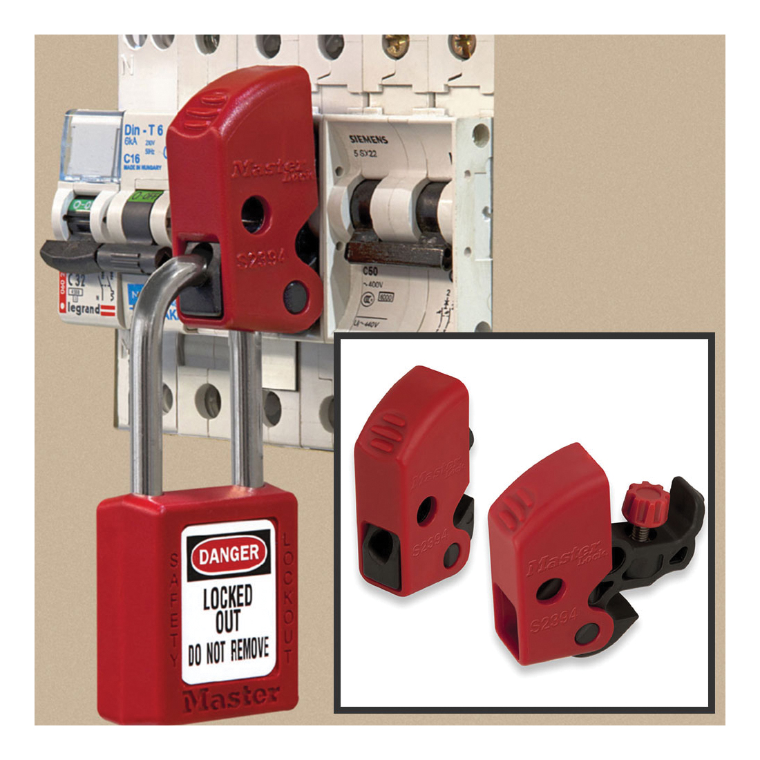 Master Lock® S3822 Grip Tight™ Plus Clamp-On Not Keyed Circuit Breaker Lockout, For Use With 480/600 V Molded Case Circuit Breakers, 1 Padlock, 1/4 or 9/32 in Dia Max Padlock Shackle, PC/ABS Thermoplastic/Nylon/Stainless Steel, Black/Red
