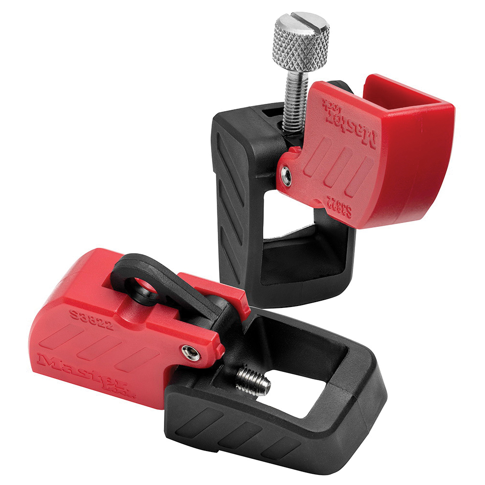 Master Lock® S3821 Grip Tight™ Plus Clamp-On Not Keyed Circuit Breaker Lockout, For Use With 120/240 V Miniature Circuit Breakers, 1 Padlock, 1/4 or 9/32 in Dia Max Padlock Shackle, PC/ABS Thermoplastic/Nylon/Stainless Steel, Black/Red