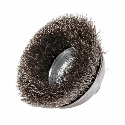 Weiler® 13163 Single Row Cup Brush, 3-1/2 in Dia Brush, 5/8-11 UNC Arbor Hole, 0.023 in Dia Filament/Wire, Standard/Twist Knot, Stainless Steel Fill