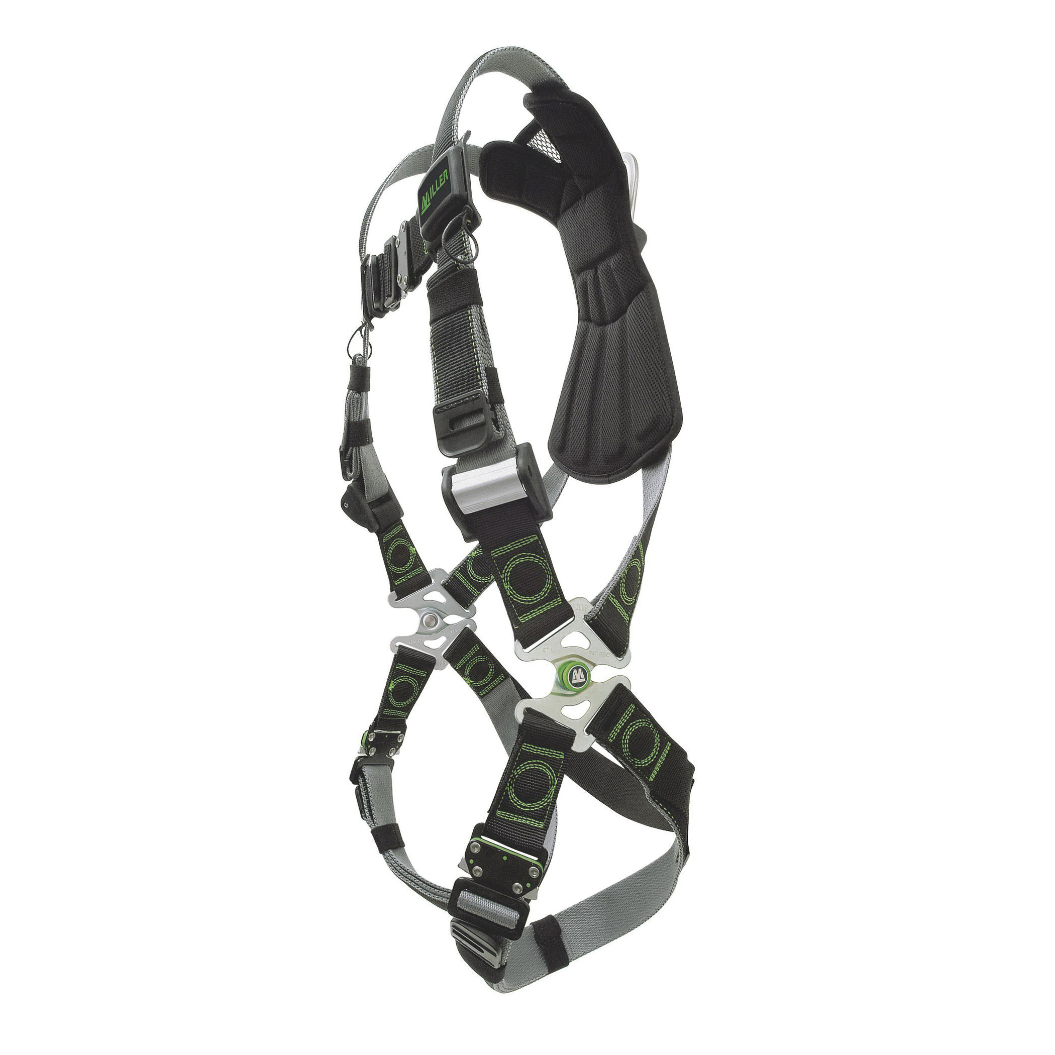 Miller® by Honeywell DuraFlex® E650-4/XXLGN Stretchable Harness, 2XL, 400 lb Load, Polyester/Urethane Elastomer Strap, Tongue Leg Strap Buckle, Mating Chest Strap Buckle, Friction Shoulder Strap Buckle, Steel Hardware, Green