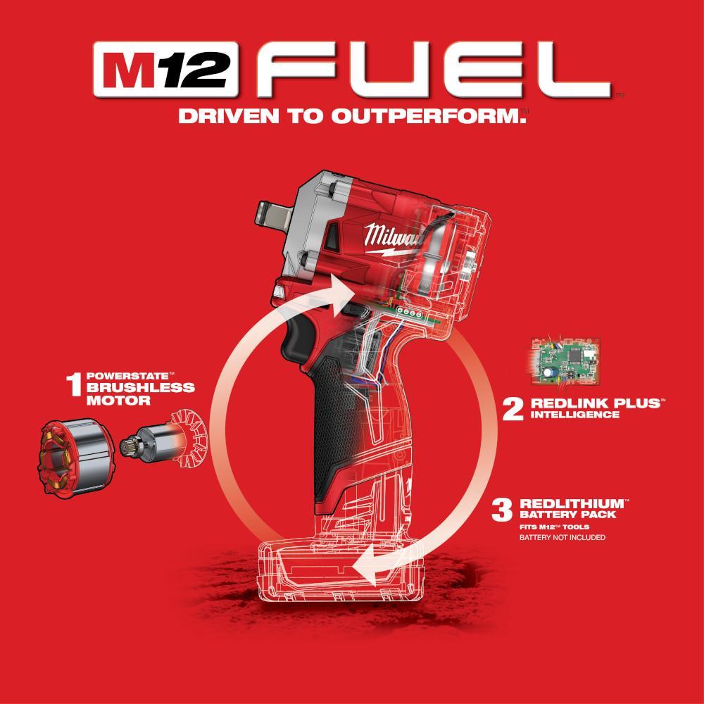 Milwaukee&reg; M12&trade; FUEL&trade; 2555-80 Cordless Reconditioned Stubby Impact Wrench, 1/2 in Square Drive, 250 ft-lb Torque, 12 V, 4.9 in OAL