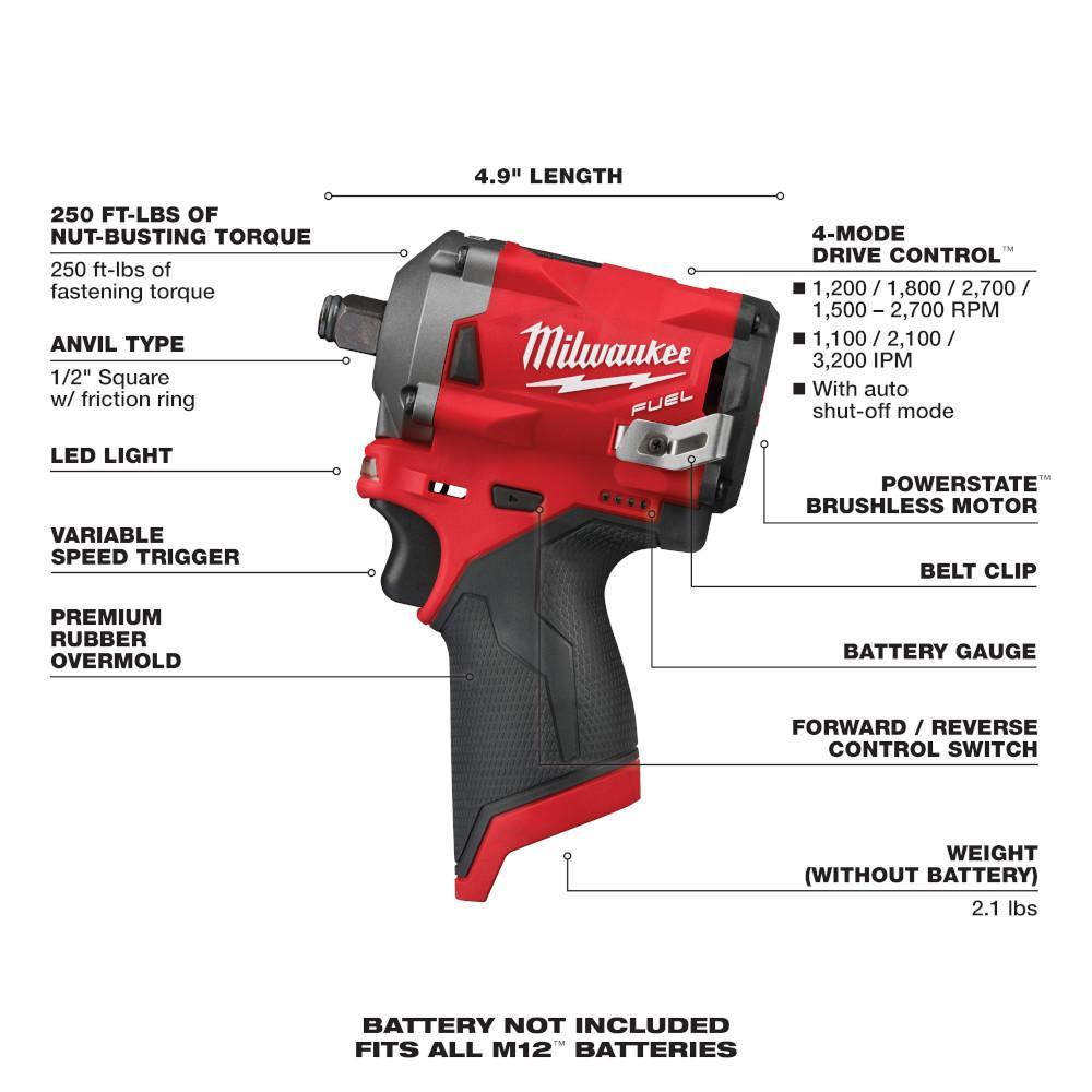 Milwaukee&reg; M12&trade; FUEL&trade; 2555-80 Cordless Reconditioned Stubby Impact Wrench, 1/2 in Square Drive, 250 ft-lb Torque, 12 V, 4.9 in OAL