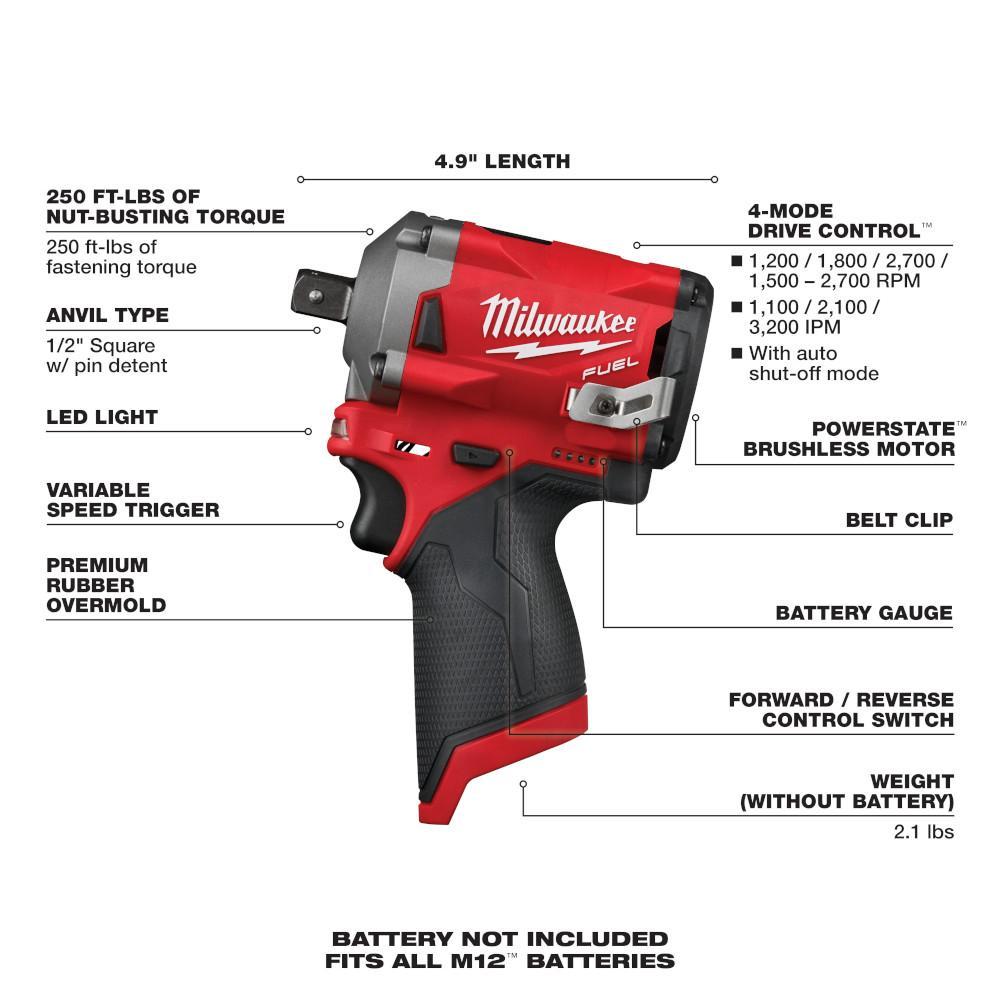 Milwaukee&reg; M12&trade; FUEL&trade; 2555P-80 Cordless Reconditioned Stubby Pin Impact Wrench, 1/2 in Square Drive, 250 ft-lb Torque, 12 V, 4.9 in OAL
