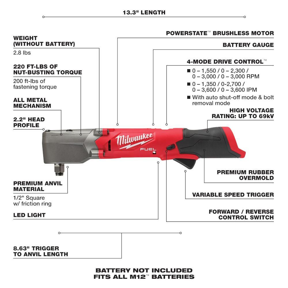 Milwaukee&reg; M12 FUEL&trade; 2565-20 Cordless Impact Wrench, 1/2 in Square Drive, 220 ft-lb Torque, 12 V, 13.28 in OAL