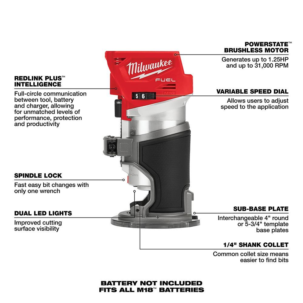 Milwaukee&reg; M12&trade; M18 FUEL&trade; 2723-20 Cordless Compact Router, 10000 to 31000 rpm, 12 V, Lithium-Ion Battery, Round Base, For Use On Plunge Base and Offset Base Attachments