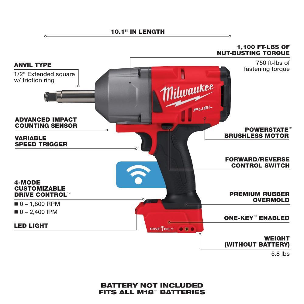 Milwaukee&reg; M18 FUEL&trade; 2769-20 Controlled Torque Cordless Impact Wrench, 1/2 in Square Drive, 750 ft-lb Fastening/1100 ft-lb Nut-Busting Torque, 18 V, 10.1 in OAL
