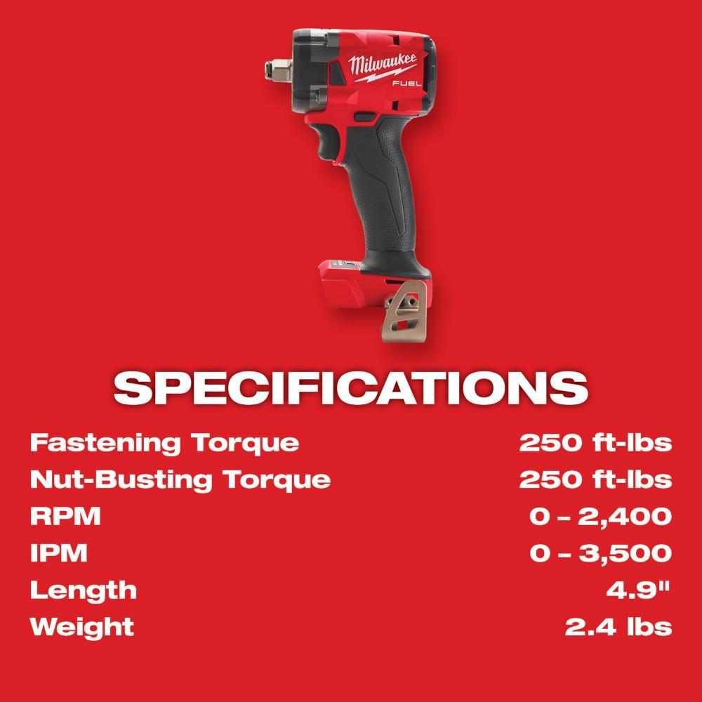 Milwaukee&reg; 2855-20 M18&trade; FUEL&trade; Cordless Variable Compact Impact Wrench With Friction Ring, 1/2 in, 250 in-lb Torque, 18 V, 4.9 in OAL