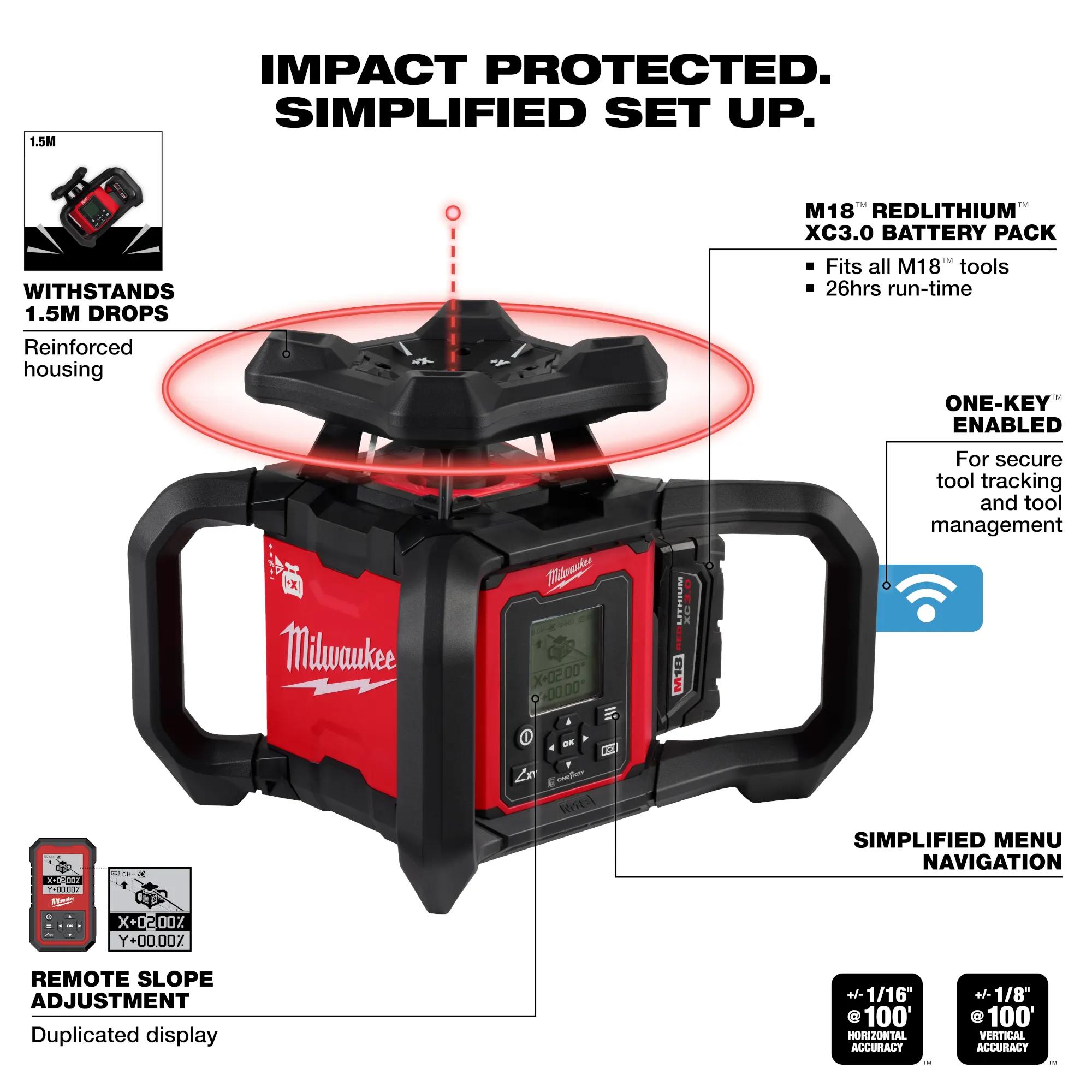 Milwaukee&reg; 3711 Exterior Rotary Laser Receiver, For Use With Milwaukee M18&trade; Red Exterior Rotary Laser (3701-21), Molded Plastic, Red