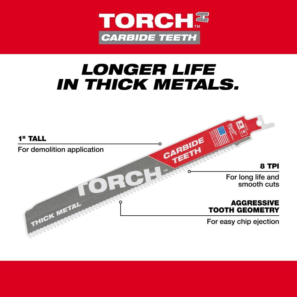 Milwaukee&reg; SAWZALL&reg; TORCH&trade; 48-00-5502 Reciprocating Saw Blade, 9 in L x 0.05 in W, 7 TPI, Carbide Body