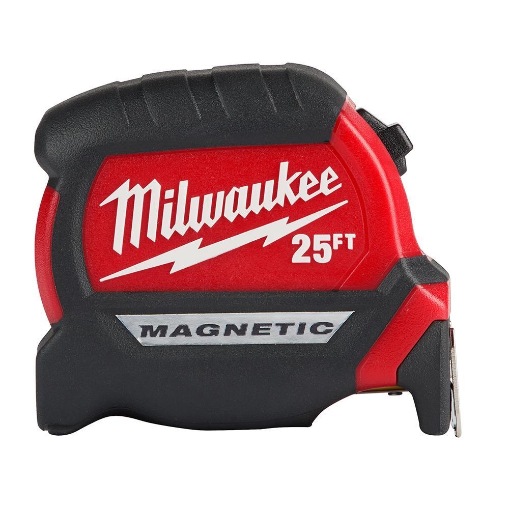 Milwaukee&reg; 48-22-0325 Compact Magnetic Wide Measuring Tape, 25 ft L x 1 in W Blade, Steel Blade, 1/16 in, 1/8 in, 1/4 in, 1/2 in, 1 ft Graduation