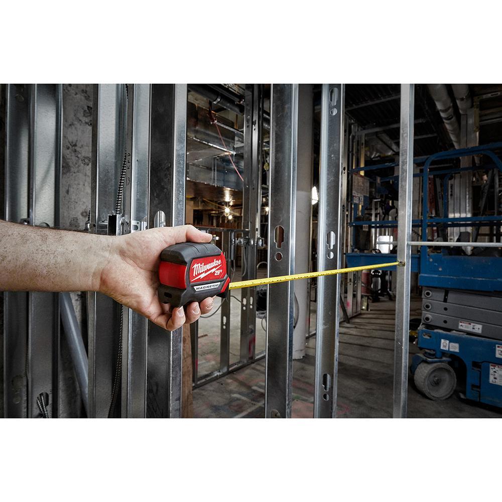 Milwaukee&reg; 48-22-0325 Compact Magnetic Wide Measuring Tape, 25 ft L x 1 in W Blade, Steel Blade, 1/16 in, 1/8 in, 1/4 in, 1/2 in, 1 ft Graduation