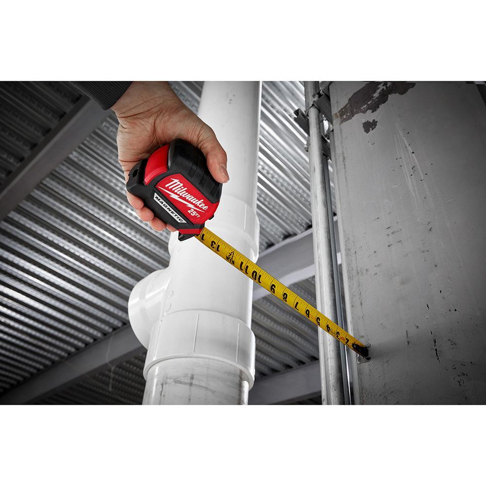 Milwaukee&reg; 48-22-0325 Compact Magnetic Wide Measuring Tape, 25 ft L x 1 in W Blade, Steel Blade, 1/16 in, 1/8 in, 1/4 in, 1/2 in, 1 ft Graduation