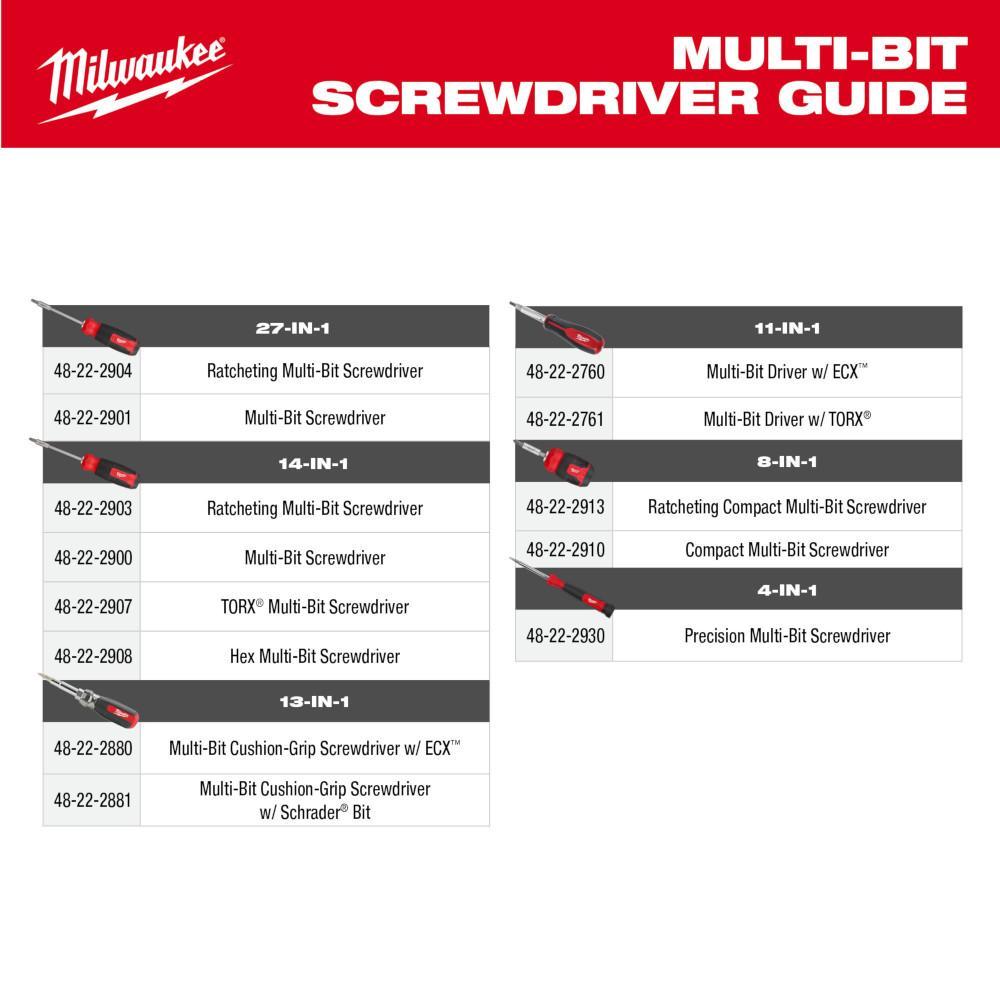 Milwaukee&reg; 48-22-2330 8-in-1 Compact General Purpose Ratcheting Multi-Bit Screwdriver, 8 Pieces, Phillips&reg;/Slotted/Square/Torx&reg; Point, Ergonomic Grip Handle, Steel