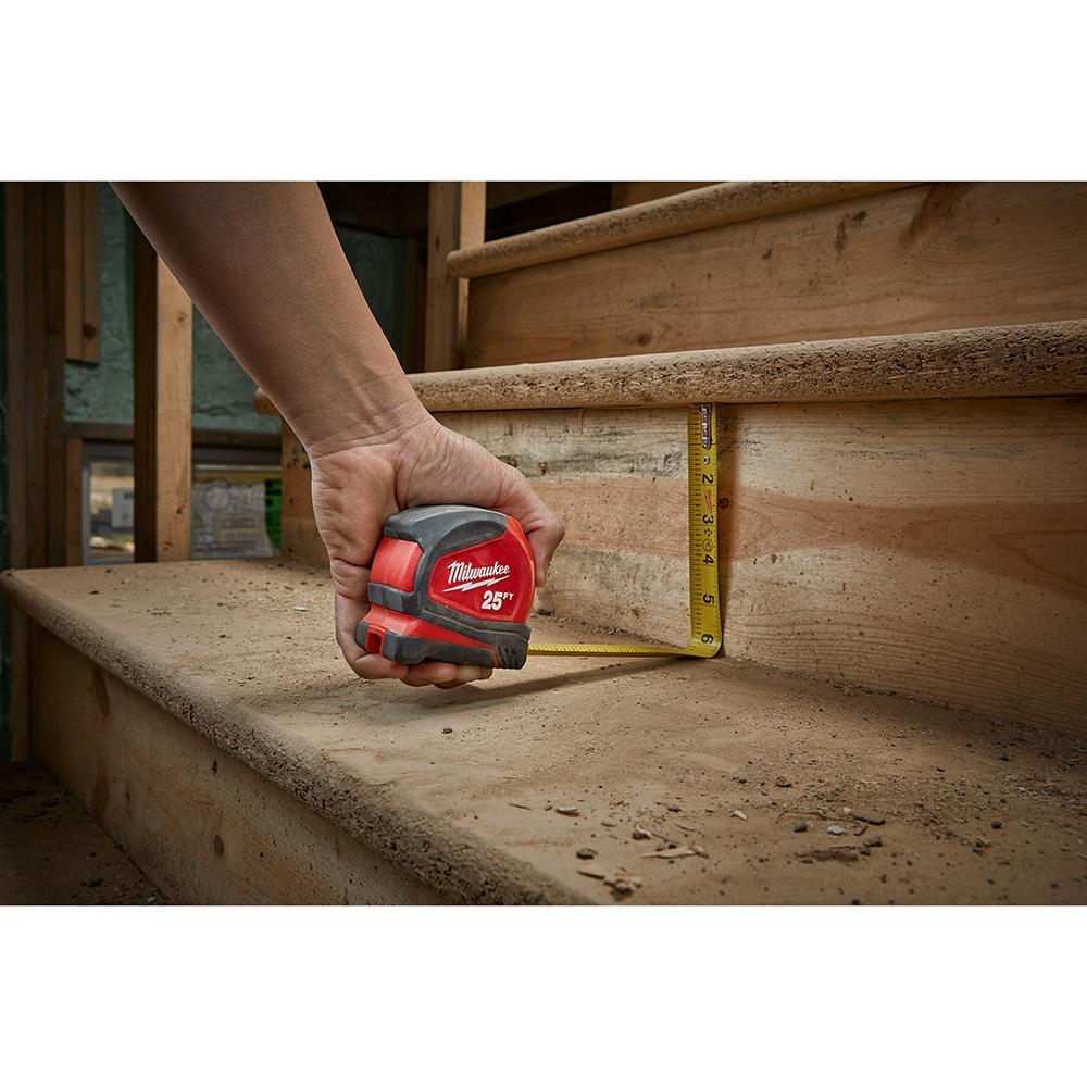 Milwaukee&reg; 48-22-6616 Compact Measuring Tape With Belt Clip, 16 ft L x 25 mm W Blade, Steel Blade, 1/16 in, 1/8 in, 1/4 in, 1/2 in Graduation