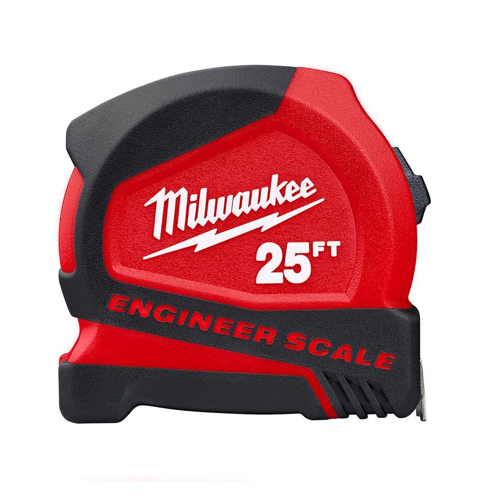 Milwaukee&reg; 48-22-6625E Compact Measuring Tape With Engineer Scale and Belt Clip, 25 ft L x 25 mm W Blade, Steel Blade, 1/16 in Graduation