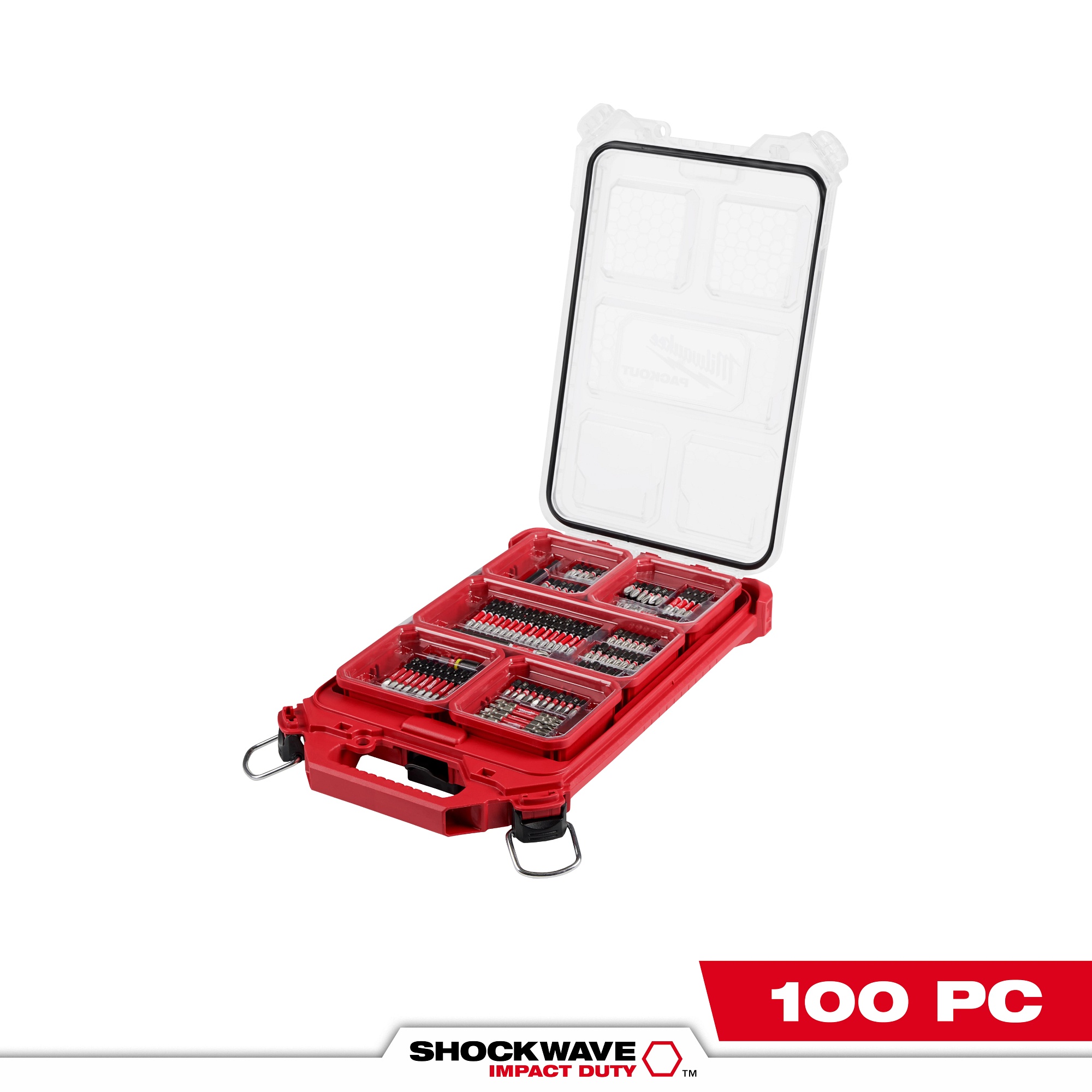 Milwaukee&reg; SHOCKWAVE&trade; PACKOUT&trade; 48-32-4082 100-Piece Impact Driver Bit Set, #1, #2, #3, #4, #6, #8, #10, #12, T10, T15, T20, T25, T27, T30, 3/32 in, 7/64 in, 1/8 in, 9/64 in, 5/32 in, 3/16 in, 1/4 in, 3-1/2 in Hex/Phillips&reg;/Slotted/Square/Torx Point, 1/4 in