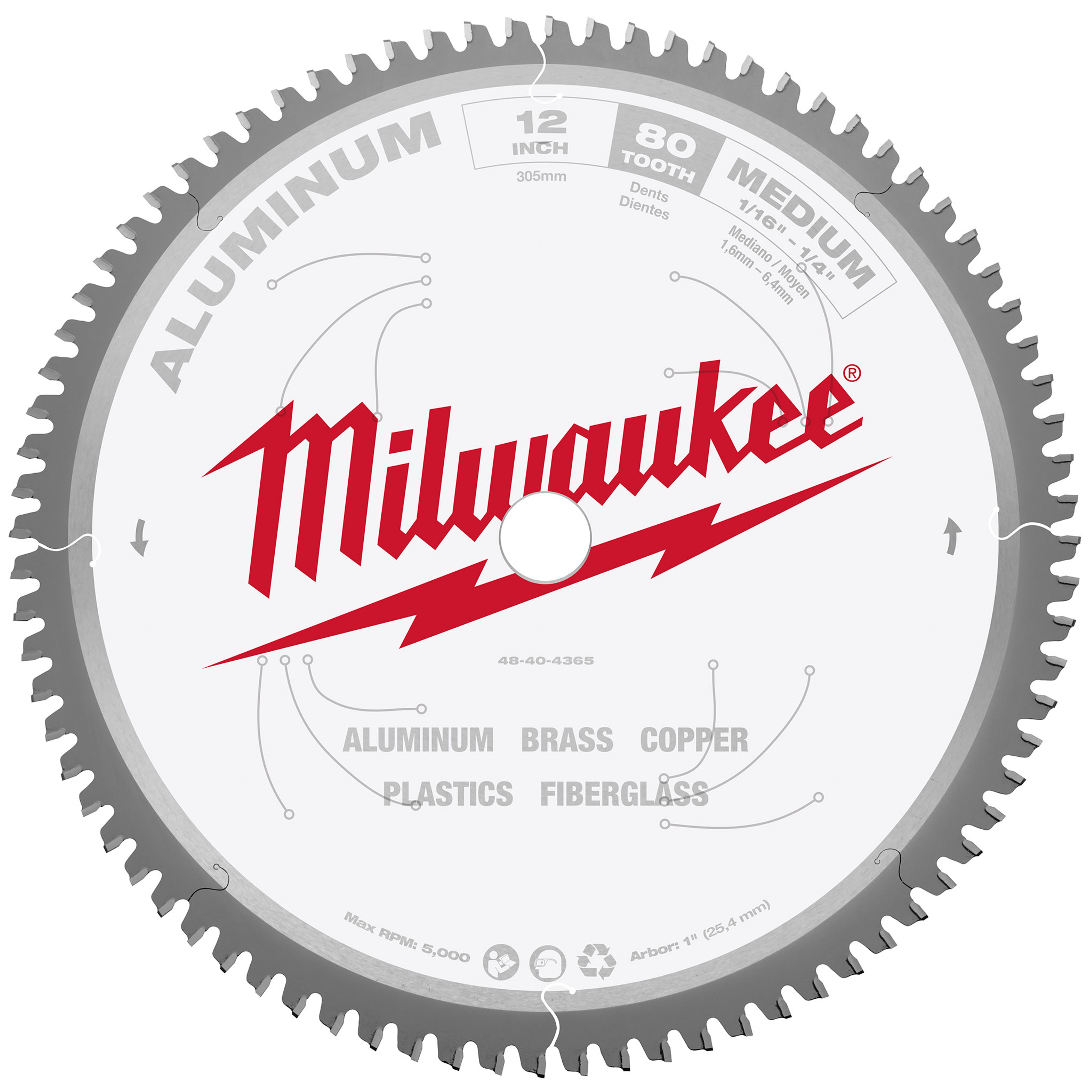 Milwaukee&reg; 48-40-4365 Laser-Cut Circular Saw Blade, 12 in Dia x 0.05 in THK, 1 in Arbor, 80 Teeth