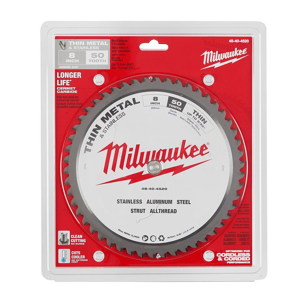 Milwaukee&reg; 48-40-4520 Circular Saw Blade, 8 in Dia x 0.073 in THK, 5/8 in Arbor, Hardened Steel Blade, 50 Teeth