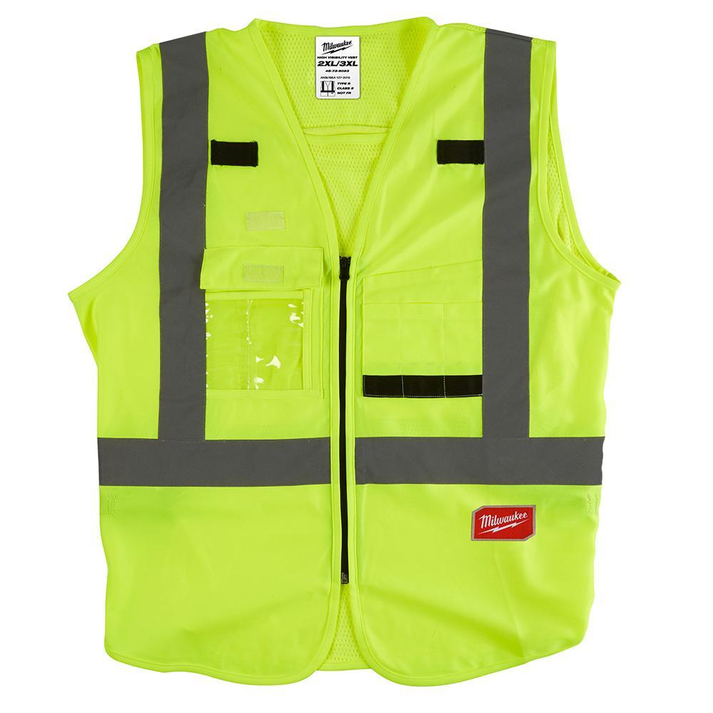 Milwaukee&reg; 48-73-5023 Safety Vest, 2XL/3XL, Hi-Viz Yellow, Polyester, Hook and Loop/Secure Zipper Closure, 10 Pockets, ANSI Class: Class 2, ANSI/ISEA 107-15 Type R