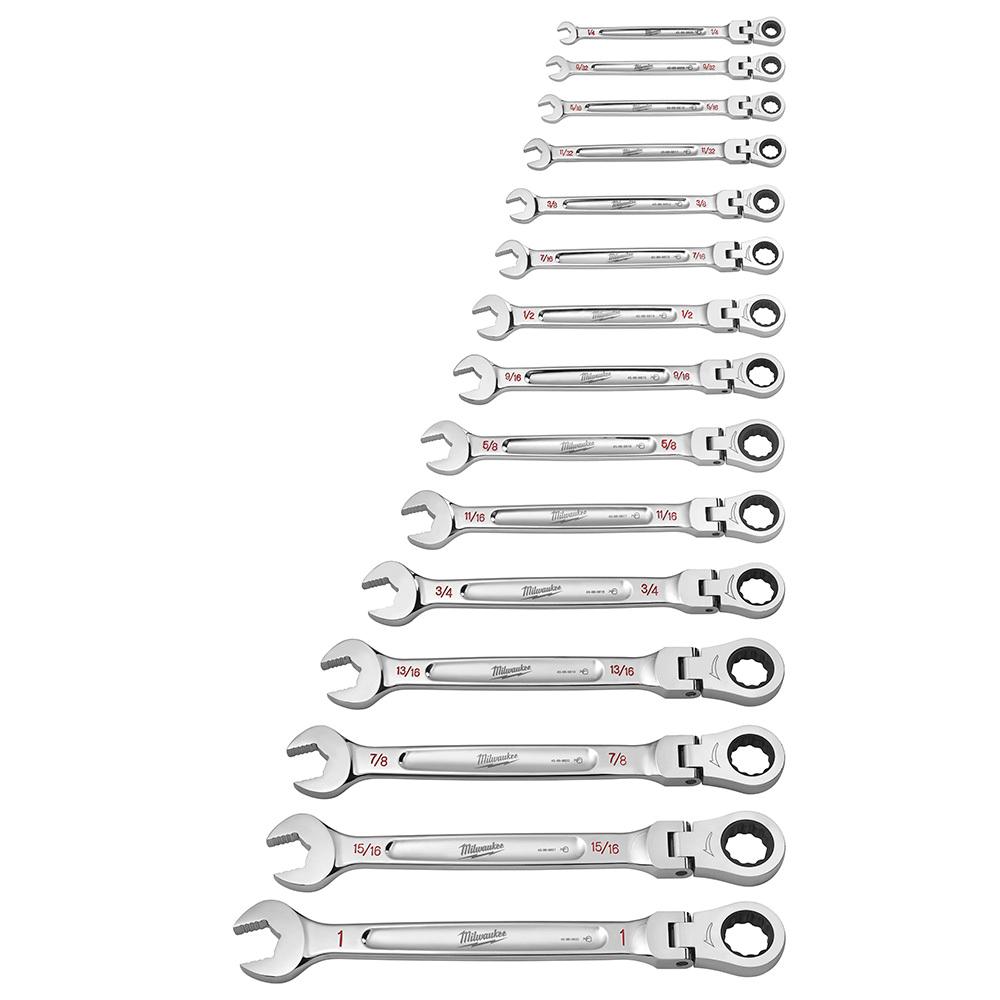 Milwaukee&reg; 48-22-9413 Flex Head Ratcheting Non-Lockable Combination Wrench Set, 15 Pieces, 1/4 to 1 in, Polished Chrome
