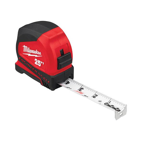 Milwaukee&reg; 48-22-6625E Compact Measuring Tape With Engineer Scale and Belt Clip, 25 ft L x 25 mm W Blade, Steel Blade, 1/16 in Graduation