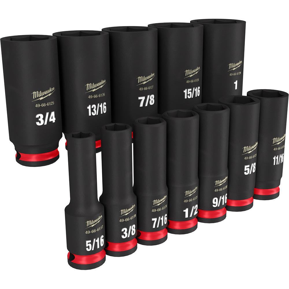 Milwaukee&reg; SHOCKWAVE&trade; Impact Duty&trade; 49-66-7006 Deep Socket Set, ASME Specified, 6 Points, 3/8 in Drive, 12 Pieces, Hex, Included Socket Size: 5/16 in, 3/8 in, 7/16 in, 1/2 in, 9/16 in, 5/8 in, 11/16 in, 3/4 in, 13/16 in, 7/8 in, 15/16 in and 1 in