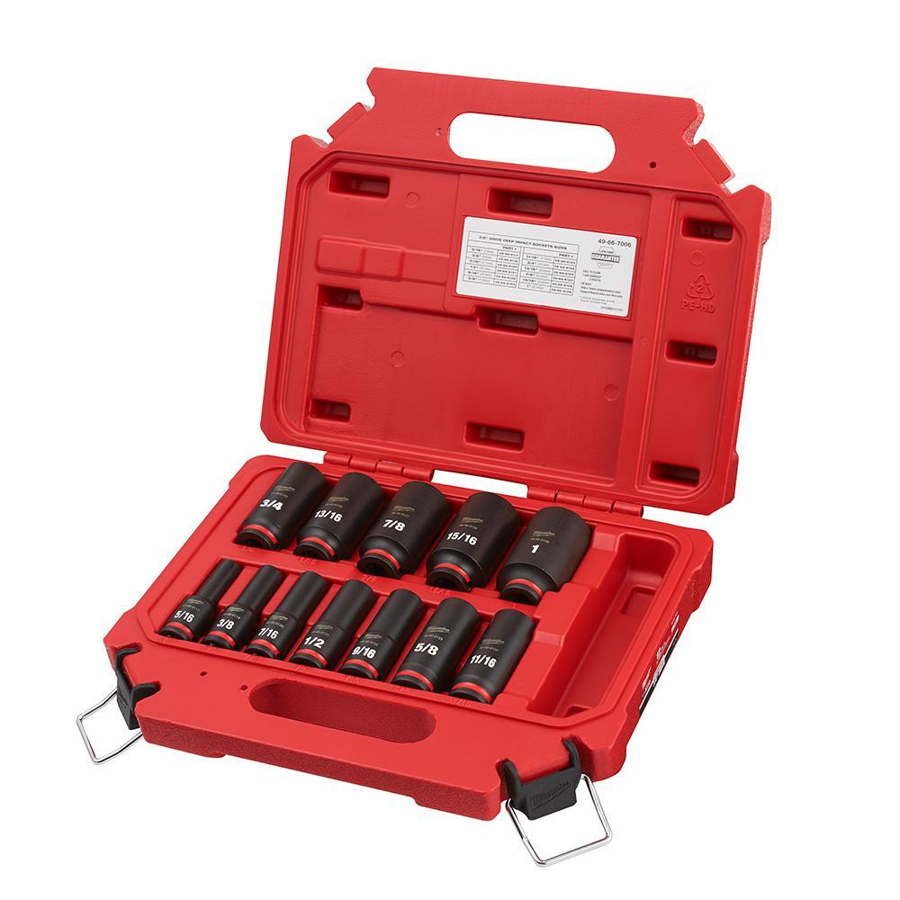 Milwaukee&reg; SHOCKWAVE&trade; Impact Duty&trade; 49-66-7006 Deep Socket Set, ASME Specified, 6 Points, 3/8 in Drive, 12 Pieces, Hex, Included Socket Size: 5/16 in, 3/8 in, 7/16 in, 1/2 in, 9/16 in, 5/8 in, 11/16 in, 3/4 in, 13/16 in, 7/8 in, 15/16 in and 1 in