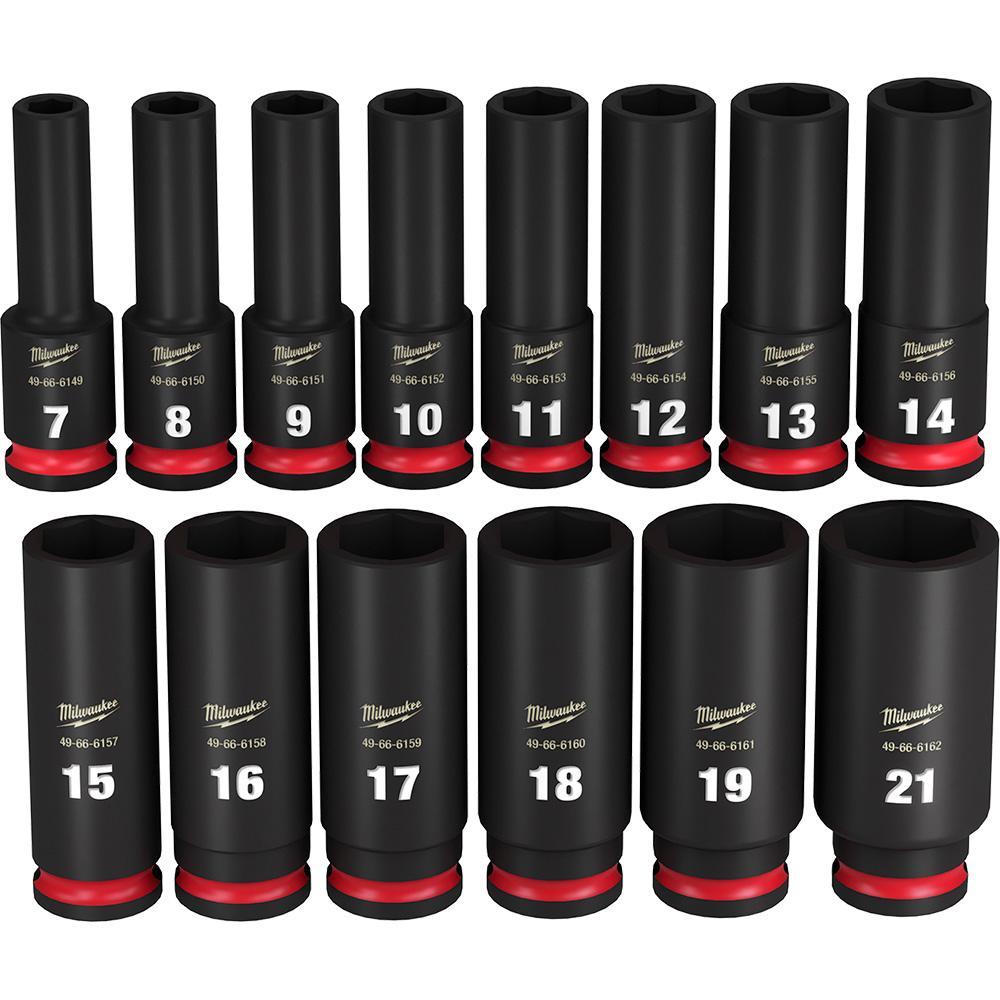 Milwaukee&reg; SHOCKWAVE&trade; Impact Duty&trade; 49-66-7008 Deep Socket Set, ASME Specified, 6 Points, 3/8 in Drive, 14 Pieces, Hex, Included Socket Size: 7 mm, 8 mm, 9 mm, 10 mm, 11 mm, 12 mm, 13 mm, 14 mm, 15 mm, 16 mm, 17 mm, 18 mm, 19 mm and 21 mm, Case Container