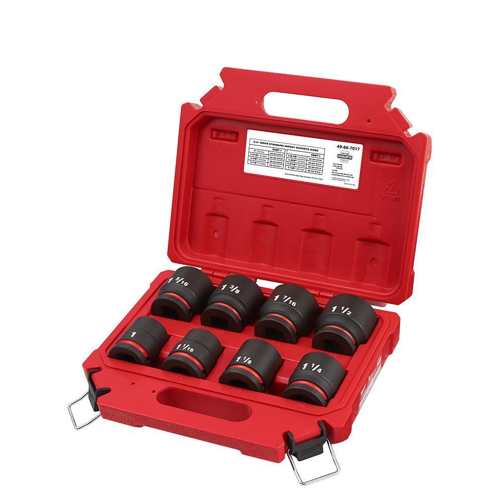 Milwaukee&reg; SHOCKWAVE&trade; Impact Duty&trade; 49-66-7017 Standard Socket Set, ASME Specified, 6 Points, 3/4 in Drive, 8 Pieces, Hex, Included Socket Size: 1 in, 1-1/16 in, 1-1/8 in, 1-1/4 in, 1-5/16 in, 1-3/8 in, 1-7/16 in and 1-1/2 in, Case Container