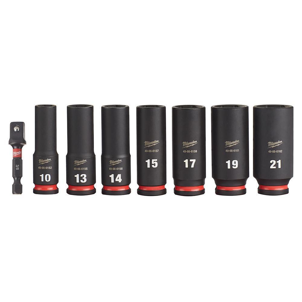 Milwaukee&reg; SHOCKWAVE&trade; Impact Duty&trade; 49-66-7021 Deep Socket Set, ASME Specified, 6 Points, 3/8 in Drive, 8 Pieces, Hex, Included Socket Size: 10 mm, 13 mm, 14 mm, 15 mm, 17 mm, 19 mm, 21 mm and (1) 3/8 in, Case Container