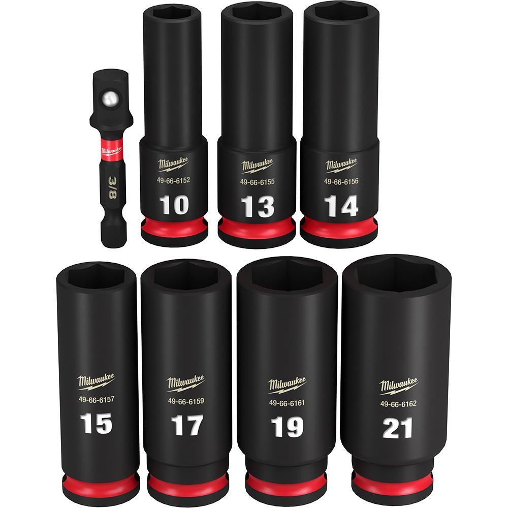 Milwaukee&reg; SHOCKWAVE&trade; Impact Duty&trade; 49-66-7021 Deep Socket Set, ASME Specified, 6 Points, 3/8 in Drive, 8 Pieces, Hex, Included Socket Size: 10 mm, 13 mm, 14 mm, 15 mm, 17 mm, 19 mm, 21 mm and (1) 3/8 in, Case Container