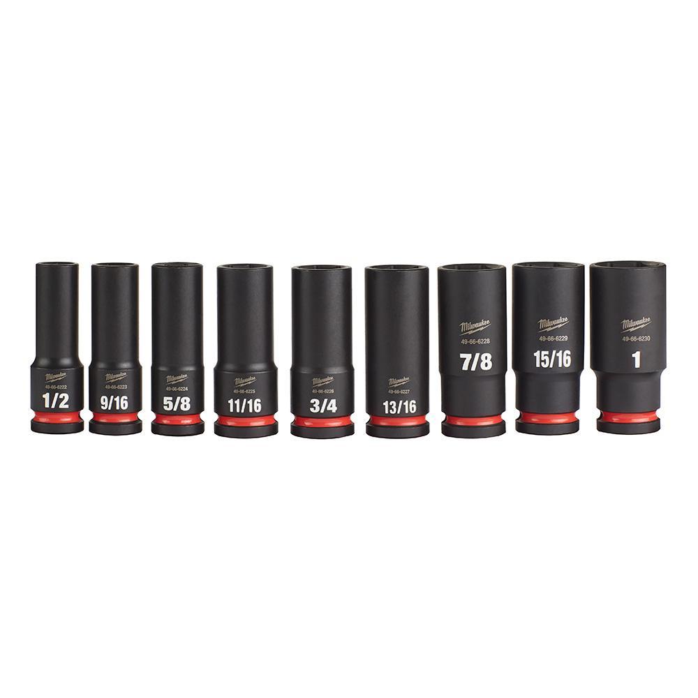 Milwaukee&reg; SHOCKWAVE&trade; Impact Duty&trade; 49-66-7022 Deep Socket Set, ASME Specified, 6 Points, 1/2 in Drive, 9 Pieces, Hex, Included Socket Size: 1/2 in, 9/16 in, 5/8 in, 11/16 in, 3/4 in, 13/16 in, 7/8 in, 15/16 in and 1 in, Case Container