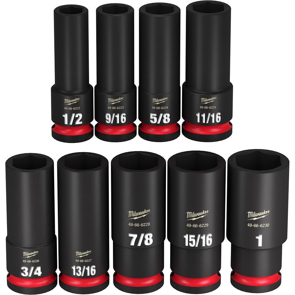 Milwaukee&reg; SHOCKWAVE&trade; Impact Duty&trade; 49-66-7022 Deep Socket Set, ASME Specified, 6 Points, 1/2 in Drive, 9 Pieces, Hex, Included Socket Size: 1/2 in, 9/16 in, 5/8 in, 11/16 in, 3/4 in, 13/16 in, 7/8 in, 15/16 in and 1 in, Case Container