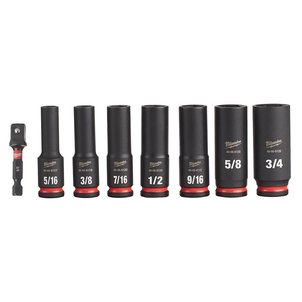 Milwaukee&reg; SHOCKWAVE&trade; Impact Duty&trade; 49-66-7024 Deep Socket Set, ASME Specified, 6 Points, 3/8 in Drive, 8 Pieces, Hex, Included Socket Size: 5/16 in, 3/8 in, 7/16 in, 1/2 in, 9/16 in, 5/8 in, 3/4 in and 3/8 in, Case Container