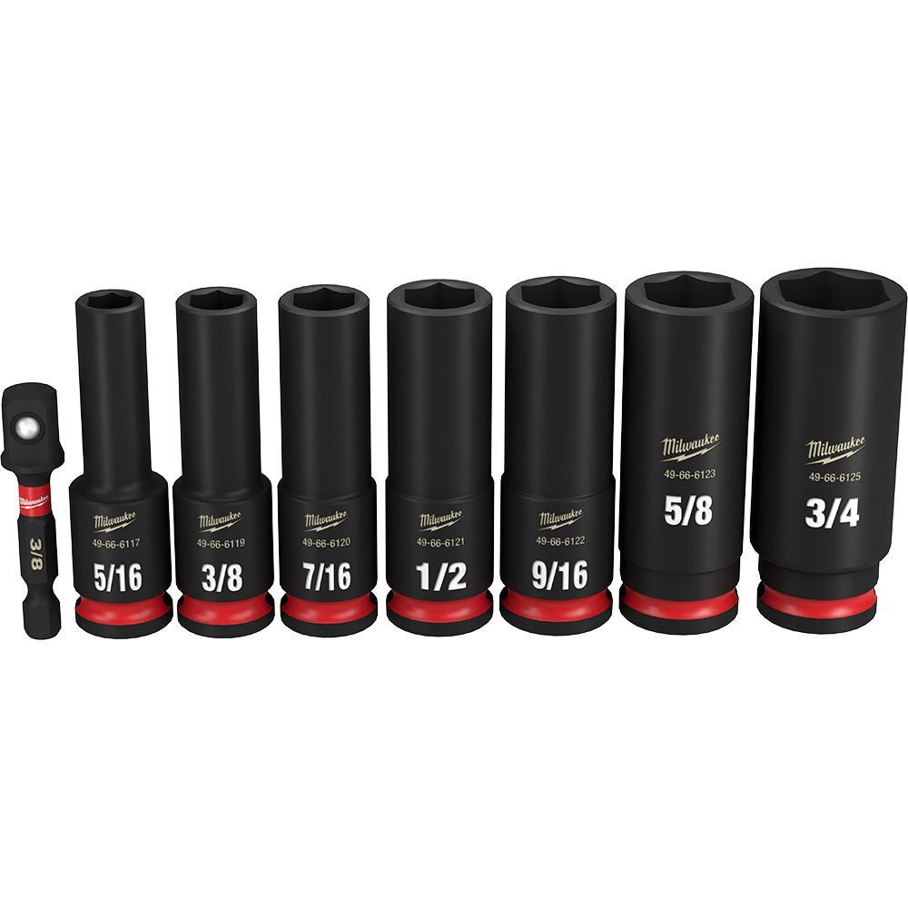 Milwaukee&reg; SHOCKWAVE&trade; Impact Duty&trade; 49-66-7024 Deep Socket Set, ASME Specified, 6 Points, 3/8 in Drive, 8 Pieces, Hex, Included Socket Size: 5/16 in, 3/8 in, 7/16 in, 1/2 in, 9/16 in, 5/8 in, 3/4 in and 3/8 in, Case Container