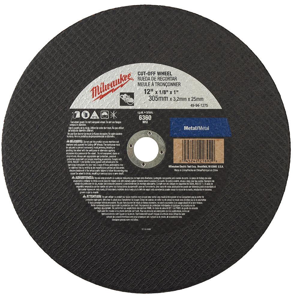 Milwaukee&reg; 49-94-1275 Type 1 Cut-Off Wheel, 12 in Dia x 1/8 in THK, 1 in Center Hole, A24R Grit, Aluminum Oxide Abrasive