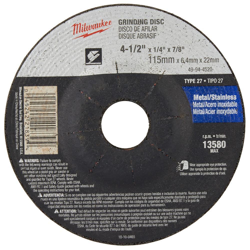 Milwaukee&reg; 49-94-4520 Type 27 Reinforced Grinding Disc, 4-1/2 in Dia x 1/4 in THK, 7/8 in Center Hole, 24 Grit, Aluminum Oxide Abrasive