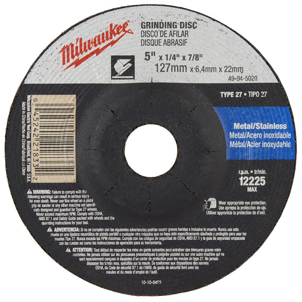 Milwaukee&reg; 49-94-5020 Type 27 Reinforced Grinding Disc, 5 in Dia x 1/4 in THK, 7/8 in Center Hole, 24 Grit, Aluminum Oxide Abrasive
