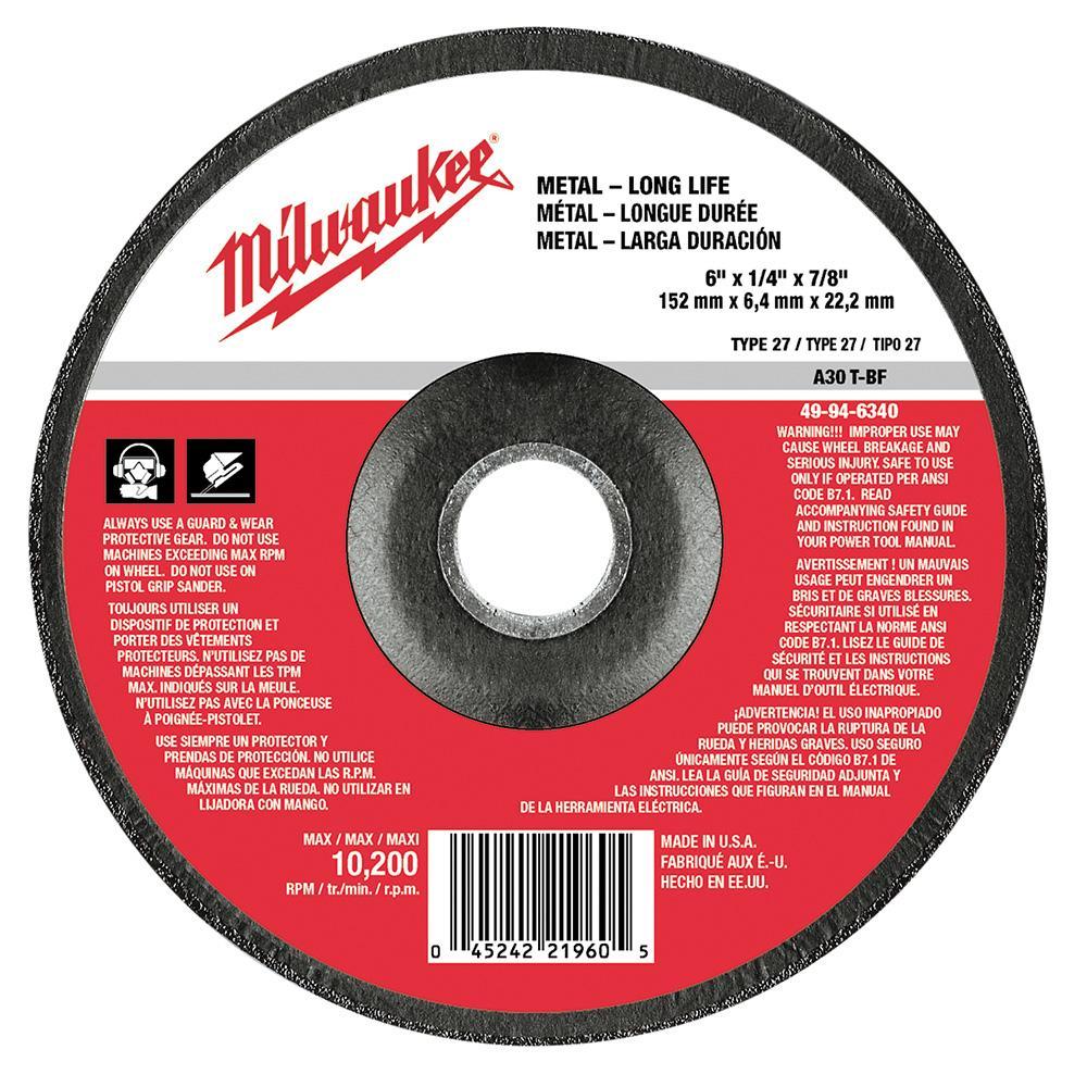 Milwaukee&reg; 49-94-6340 Type 27 Reinforced Grinding Disc, 6 in Dia x 1/4 in THK, 7/8 in Center Hole, 24 Grit, Aluminum Oxide Abrasive