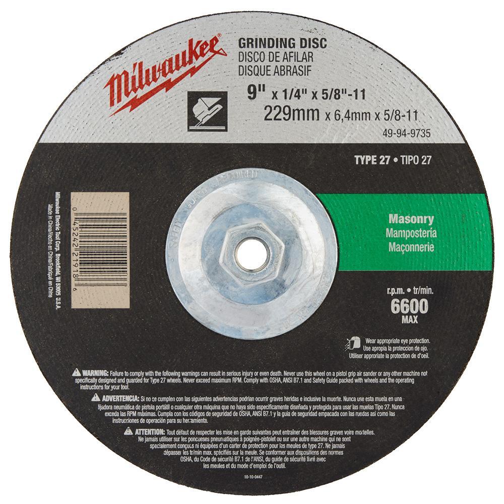 Milwaukee&reg; 49-94-9025 Type 27 Reinforced Grinding Disc, 9 in Dia x 1/4 in THK, 5/8-11 Center Hole, 24 Grit, Aluminum Oxide Abrasive