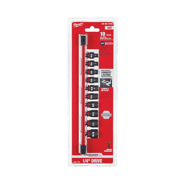 Milwaukee&reg; SHOCKWAVE&trade; Impact Duty&trade; 49-66-7000 Standard Socket Set, ASME Specified, 6 Points, 1/4 in Drive, 10 Pieces, Hex, Included Socket Size: 3/16 in, 7/32 in, 1/4 in, 9/32 in, 5/16 in, 11/32 in, 3/8 in, 7/16 in, 1/2 in and 9/16 in, Case Container