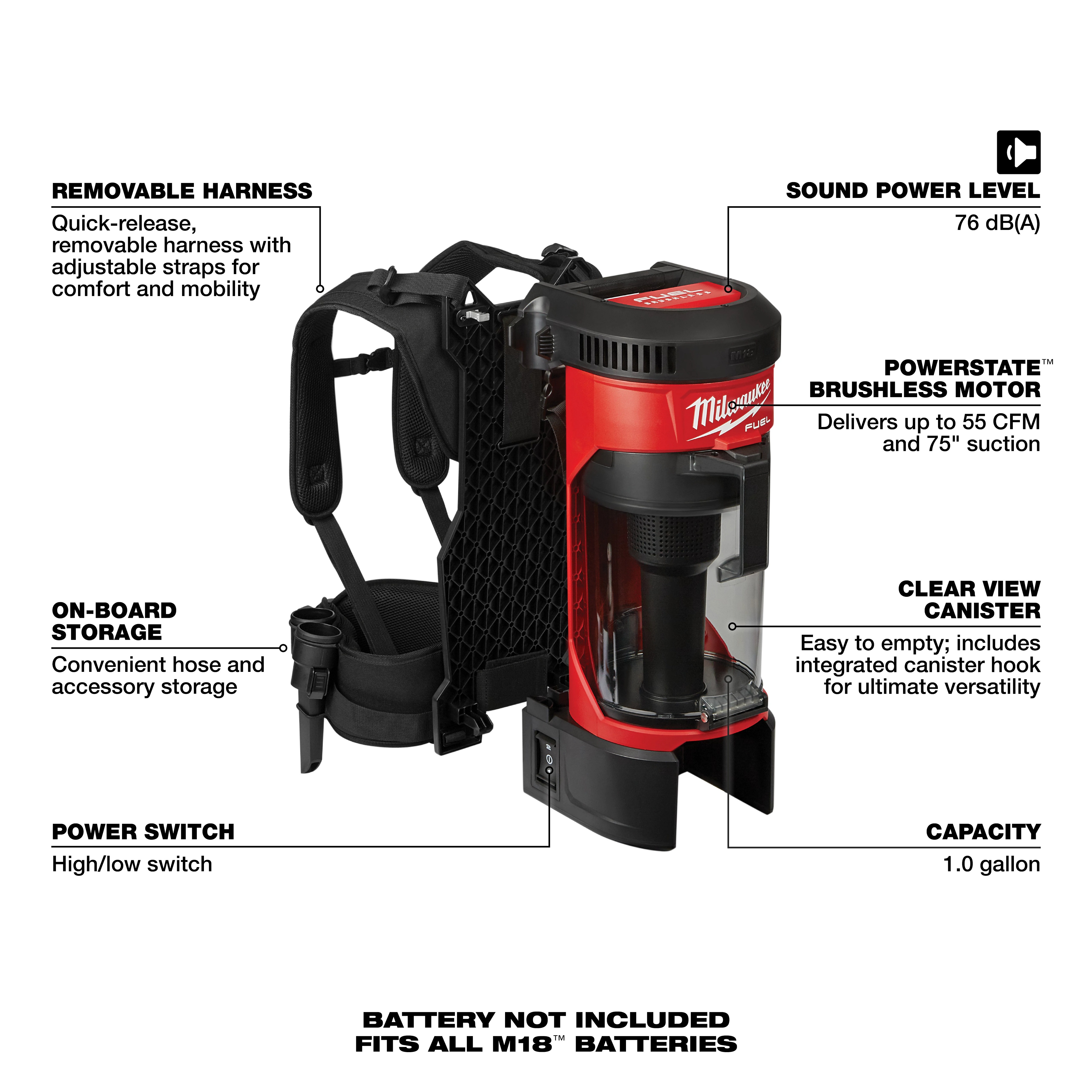 Milwaukee&reg; 0885-20 3-in-1 Cordless Backpack Vacuum, 1 gal Tank, 159 W Power Rating, 18 V DC