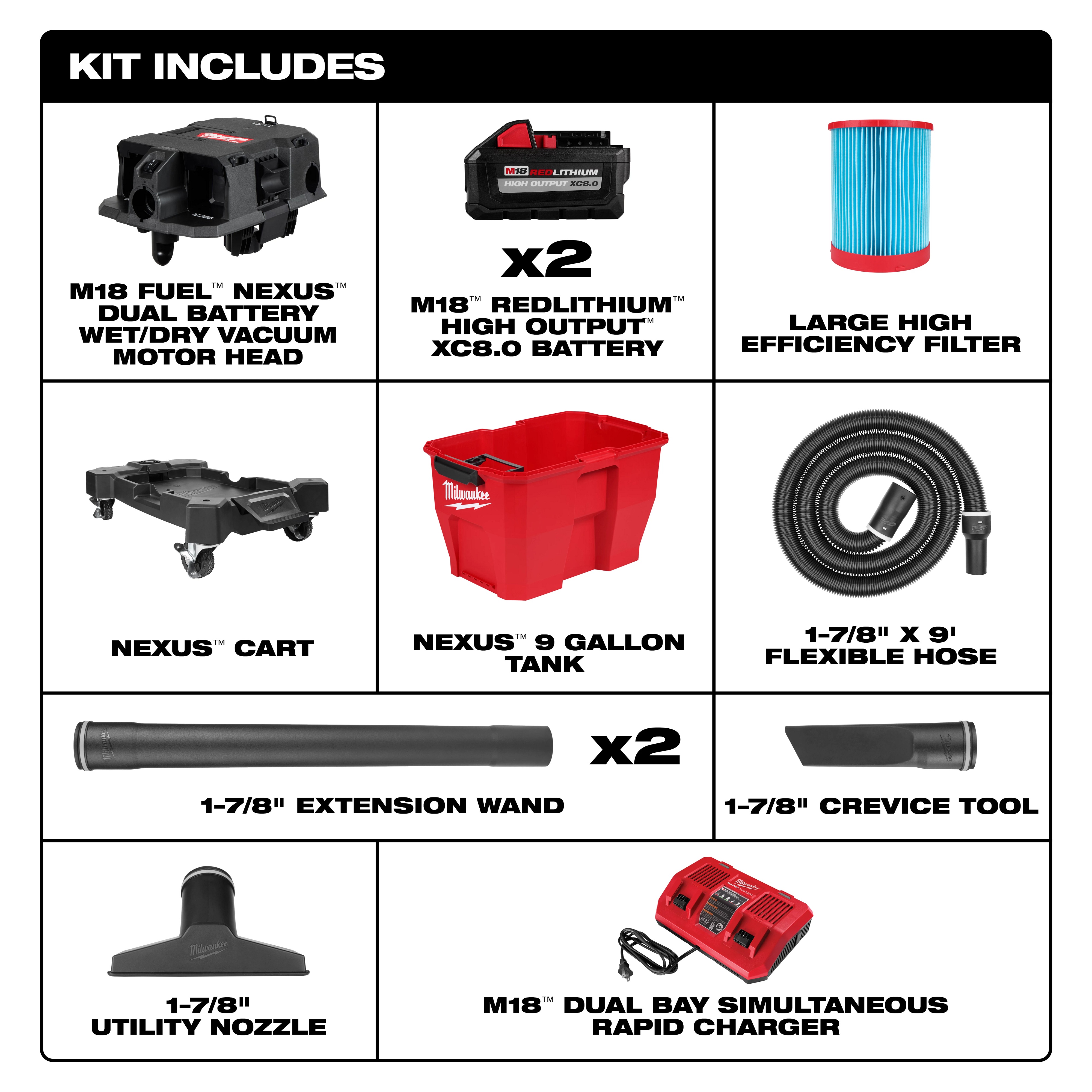 Milwaukee&reg; 0920-22HD Cordless Dual Battery Wet/Dry Vacuum Kit, 8 A, 9 gal Tank, 4.25 hp Power Rating, 18 V, Polypropylene Housing